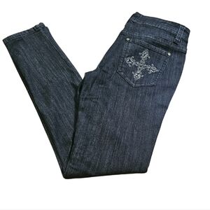 Forever 21 Premium Denim Rhinestone Cross Skinny Jeans Dark Wash 26